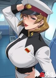 1girls ai_generated blonde_hair blue_eyes curvy gundam gundam_seed gundam_seed_destiny hanajisensei mature mature_female mature_woman milf military_hat military_uniform peaked_cap pubic_hair short_hair talia_gladys 鼻血先生