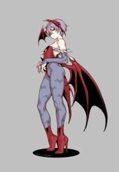 1girls 2022 bat_print blue_pantyhose capcom darkstalkers female female_only fishine flat_chest full_body gauntlets grey_background head_wings heel_boots hi_res legs leotard lilith_aensland looking_at_viewer narrowed_eyes pantyhose pointy_ears purple_hair red_eyes short_hair solo succubus succubus_wings unamused wings