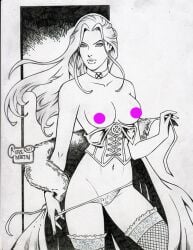 big_breasts black_and_white bob_cut breasts cape censored censored_nipples choker cleavage corset elbow_gloves emma_frost lingerie marvel marvel_comics navel panties pinup pinup_pose removing_panties rodel_martin thighhighs topless topless_female white_queen x-men