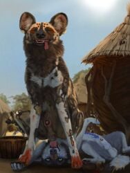 3:4 absurd_res african_wild_dog canid canine canis duo feral fokker_(artist) hi_res male male/male mammal paint ritual ritual_sex village wolf