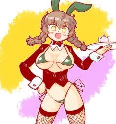 1girls amane_suzuha artist_request bowtie braided_hair breasts brown_hair bunny_ears bunny_girl female fishnets fluffy_hair micro_bikini navel open_mouth revealing_clothes serving_tray side-tie_bikini smile solo standing steins;gate tomboy tuxedo_jacket twin_braids waitress yellow_eyes