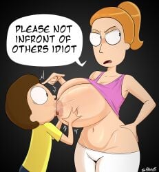 1boy 1girls adult_swim breast_grab breast_sucking breasts brother brother_and_sister brown_hair clothed_sex clothing dialogue english_text female grabbing_another's_breast grabbing_breasts incest long_hair looking_at_viewer male morty_smith nipples open_clothes open_mouth orange_hair ponytail rick_and_morty short_hair sister size_difference spakka5 speech_bubble sucking summer_smith text