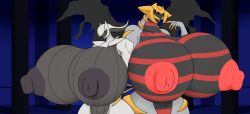 2025 2girls anthro arceus big_breasts black_areola black_areolae black_body black_nipples breasts commission commission_art creatures_(company) deity duo_female female_only game_freak gen_4_pokemon generation_4_pokemon giratina goddess gold_(metal) gray_body grey_body huge_breasts hyper hyper_breasts landscape legendary_pokémon legendary_pokemon massive_breasts mythical_pokemon necrobern nintendo no_humans non-mammal_breasts pokemon pokemon_dppt red_areola red_areolae red_body red_eyes red_nipples thick_thighs white_body wings