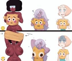 3girls afro ai_generated amethyst_(steven_universe) black_hair c4n3c0 colored_skin dissappointed_look emoji excited flat_chest flushed_emoji_shirt garnet_(steven_universe) hands_behind_head hands_up huge_breasts medium_breasts meme meme_attire meme_clothing pearl_(steven_universe) posing posing_for_the_viewer shirt shirt_lift shirt_only simple_background steven_universe steven_universe_future topless topless_female white_background