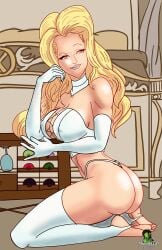 1girls ass blonde_female blonde_hair blue_eyes breasts bubble_ass bubble_butt cleavage emma_frost female female_only hellfire_club kneeling large_breasts marvel marvel_comics panties shaowarts thong thong_panties white_queen x-men