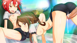 2girls all_fours artist_request ass bandana boku_wa_tomodachi_ga_sukunai brown_eyes brown_hair buruma cameltoe cum cunnilingus cute_fang flat_chest grinding gym_uniform hair hidaka_hinata licking multiple_girls oral outercourse pussy_juice red_hair shirt_up shorts smile spread_legs sweat yusa_aoi