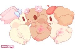 16:10 anthro anus ass azuki_(cinnamoroll) blush bow_ribbon brown_body brown_fur canid canine canis chibi chiffon_(cinnamoroll) cinnamoroll cinnamoroll_(series) clitoris clothing domestic_dog female flower_accessory fluffy fluffy_tail fur genitals group happy hat headgear headwear hi_res looking_at_viewer looking_back mammal mocha_(cinnamoroll) nakimayo orange_body orange_fur pawpads pink_pawpads pink_pussy presenting pussy rear_view sanrio simple_background smile smiling_at_viewer spread_anus spread_butt spread_pussy spreading tail tan_body tan_fur trio urethra white_background widescreen