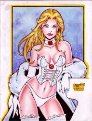 big_breasts blonde_hair blue_eyes breasts cleavage corset emma_frost hellfire_club laced_corset marvel marvel_comics panties pillow_shading pinup pinup_pose rodel_martin white_queen x-men