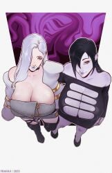 2girls cleavage dark_hair fate/grand_order hebinyobo(fate_grand_order) huge_breasts naruto omi-san_(fate) orochimaru pale_skin purple_skin revealing_clothes white_hair yellow_eyes