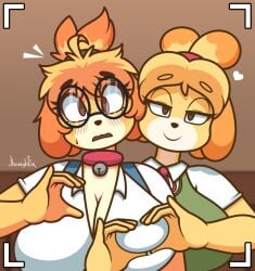 animal_crossing big_breasts breasts cleavage derpybelle female furry huge_breasts isabelle_(animal_crossing) jhenightfox tagme yuri