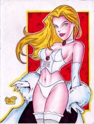 big_breasts blonde_hair blue_eyes breasts cleavage corset emma_frost hellfire_club laced_corset marvel marvel_comics panties pillow_shading pinup pinup_pose rodel_martin white_queen x-men