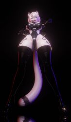 3d 3d_(artwork) 3d_model doomfella female female_only furry high_heels latex latex_clothing latex_gloves latex_legwear latex_thighhighs licking_lips looking_at_viewer mayosplash nier nier:_automata riding_crop simple_background snow_leopard tail yorha_2b