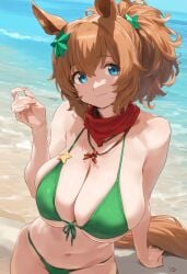 ai_generated animal_ears beach big_breasts bikini blue_eyes female hair_accessory horse_girl light_brown_hair ponytail red_scarf taiki_shuttle_(umamusume) umamusume umamusume_pretty_derby