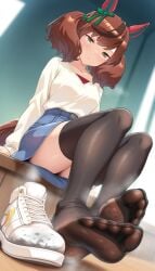 1female 1girls ai_generated animal_ears artist_request braid brown_eyes brown_hair dirty_feet feet feet_focus female female_focus female_only foot_fetish foot_focus footwear horse_ears horse_girl horse_tail milf mommy nice_nature_(umamusume) sitting smell smelly_feet socks soles soles_of_feet_in_socks solo spreading steam straight thighhighs toes umamusume umamusume_pretty_derby