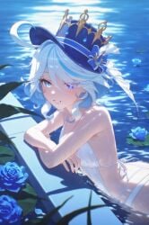 absurd_res afloat ahoge ai_generated alternate_costume arm_rest ass ass_cleavage backlighting bare_arms bare_shoulders bikini blue_bow blue_eyes blue_flower blue_gemstone blue_hair blue_headwear blue_rose blurry blush bow breasts butt_crack casual_one-piece_swimsuit collarbone cowlick crossed_arms crown drop-shaped_pupils eyes_visible_through_hair female flower from_side furina_(genshin_impact) genshin_impact grin hair_between_eyes hat hat_bow hat_flower heterochromia leaf light_blue_hair lily_pad long_hair looking_at_viewer medium_hair ministro mismatched_pupils multicolored_hair one-piece_swimsuit outdoors parted_lips partially_submerged petals pool poolside ripples rose short_hair sideboob sidelocks small_breasts smile solo streaked_hair sunlight swept_bangs swimsuit teeth tilted_headwear top_hat two-tone_hair upper_body wading water water_drop wavy_hair wet wet_clothes white_hair white_one-piece_swimsuit