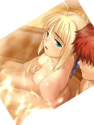 1boy 1girls ahoge aroused aroused_face aroused_female artoria_pendragon artoria_pendragon_(fate) ass back_view bath bathing bathroom blonde_hair blue_ribbon blush blush_lines breasts completely_nude completely_nude_female completely_nude_male emiya_shirou erect_nipples eyebrows eyebrows_raised fate/hollow_ataraxia fate_(series) female getting_horny highres light-skinned_female light_hair male open_eyes open_mouth orange_hair ribbon saber sitting_between_legs spine takeuchi_takashi upscaled