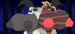 2girls arceus breasts commission commission_art female_only generation_4_pokemon giratina huge_breasts hyper hyper_breasts legendary_pokémon legendary_pokemon mythical_pokemon necrobern nipples pokemon pokemon_dppt thick_thighs