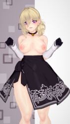 3d blonde_hair choker ear_piercing gloves half-dressed koikatsu lips medium_breasts mike_oxlong nipples symbol-shaped_pupils tied_hair yorha_2b_(cosplay)