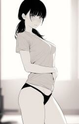 1girls ai_generated black_panties chainsaw_man mitaka_asa monochrome panties shirt_and_panties solo underwear