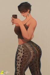 1girls ass ass_focus bayonetta bayonetta_(character) bayonetta_2 beauty_mark big_ass big_breasts black_hair breasts dated ear_piercing earrings female female_only forbidden_pants glasses hiiroshiiii jpeg meme meme_attire meme_reference mirror_selfie phone selfie short_hair signature solo solo_female solo_focus