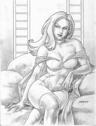 big_breasts black_and_white bob_cut breasts cape choker cleavage corset elbow_gloves emma_frost lingerie marvel marvel_comics navel panties pinup pinup_pose posing rodel_martin thighhighs white_queen x-men