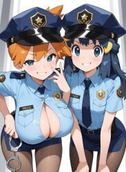 2girls ai_generated aioddity blue_eyes blue_hair breasts cleavage dawn_(pokemon) female female_only grin handcuffs holding_handcuffs huge_breasts kasumi_(pokemon) leaning_forward long_hair looking_at_viewer orange_hair pantyhose partially_unbuttoned pencil_skirt pokemon pokemon_(anime) police police_hat police_uniform policewoman short_hair short_sleeves side-by-side side_ponytail small_breasts tie