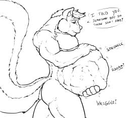 anthro ass belly big_belly dialogue hi_res holding_belly huge_belly male mammal mephitid monochrome nude pandottermon skunk solo speech_bubble squirm_(sound_effect) squirming struggling struggling_prey vore