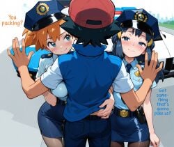 1boy 2girls ai_generated aioddity baseball_cap black_hair blue_eyes blue_hair blush breasts dawn_(pokemon) english_text feeling_up female hand_on_another's_hip hands_up huge_breasts kasumi_(pokemon) long_hair looking_at_another male orange_hair pencil_skirt pokemon pokemon_(anime) police police_car police_hat police_uniform policewoman satoshi_(pokemon) short_hair short_sleeves side_ponytail small_breasts smile text