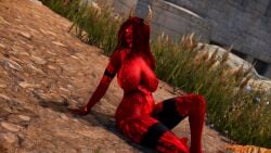 akilandi big_breasts glowing_eyes lying_on_side original_character red_hair red_skin succubus succubus_horns the_elder_scrolls_v:_skyrim thighs