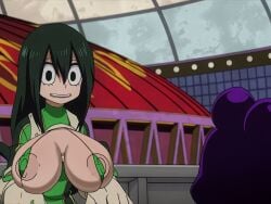 1boy 1girls areolae big_breasts breasts_out edit edited edited_image editorl hero_outfit_(mha) long_hair minoru_mineta my_hero_academia nipples_visible_through_clothing screencap screencap_edit tagme tsuyu_asui