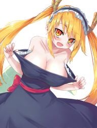 1girls blonde_hair blush breasts cleavage dragon_girl fang female fufunoko happy horns kobayashi-san_chi_no_maidragon large_breasts light_skin long_hair looking_at_viewer maid miss_kobayashi's_dragon_maid open_mouth slit_pupils smile solo tail tohru_(dragon_maid) twintails undressing white_background