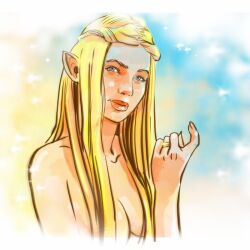 blonde_hair blue_eyes come_hither elf elf_ears elf_female full_lips galadriel golden_hair lord_of_the_rings ring small_breasts smile