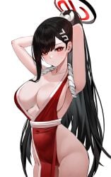 absurdres arms_up bare_hips black_hair black_halo blue_archive blush breasts closed_mouth commentary cosplay fatal_fury female hair_ornament hairpin halo hee_(user_ykux4248) high_ponytail highres japanese_clothes kimono large_breasts long_hair looking_at_viewer mai_shiranui mai_shiranui_(cosplay) millennium_science_school_student pelvic_curtain ponytail red_eyes red_kimono revealing_clothes rio_(blue_archive) seminar_(blue_archive) simple_background sleeveless sleeveless_kimono solo the_king_of_fighters white_background