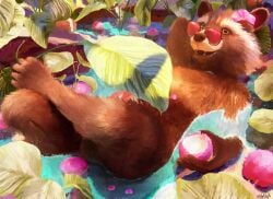 anthro balls bathing brown_body brown_fur detailed_background erection eyewear eyewear_only fur genitals glasses glasses_only guardians_of_the_galaxy hi_res knot knotted_penis lying male mammal marvel nude on_back partially_submerged penis procyonid raccoon rocket_raccoon sidekick silhouetted_penis snout solo watermark wearing_glasses wearing_sunglasses