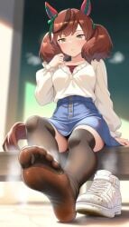 1female 1girls ai_generated animal_ears artist_request braid brown_eyes brown_hair dirty_feet feet feet_focus female female_focus female_only foot_fetish foot_focus footwear horse_ears horse_girl horse_tail milf mommy nice_nature_(umamusume) sitting smell smelly_feet socks soles soles_of_feet_in_socks solo spreading steam straight thighhighs toes umamusume umamusume_pretty_derby