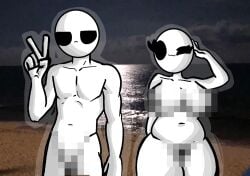 1boy1girl :3 bald bald_female beach black_eyes breasts censored censored_nipples censored_penis chetoh claire_(chetoh) completely_nude egg eggmale female male male/female naked naked_female night nude nude_female oc original original_character peace_sign pixelated thick_thighs white_body wink winking_at_viewer