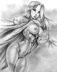 big_breasts black_and_white breasts breasts_out cape choker corset elbow_gloves emma_frost lingerie marvel marvel_comics navel nipples panties pinup pinup_pose posing thighhighs white_queen x-men