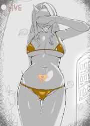 absurdres aged_up bikini blush boku_no_hero_academia breasts commentary_request condom condom_in_mouth covering_own_eyes eri_(boku_no_hero_academia) eri_(my_hero_academia) female gold_bikini greyscale highres horns large_breasts long_hair monochrome mouth_hold navel pubic_tattoo ryuugu2000 single_horn solo spot_color sweat swimsuit tattoo