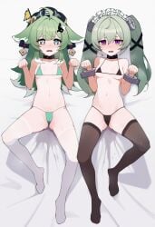 2girls ahoge ai-generated animal_ears bikini black_bikini black_choker black_thighhighs blush breasts cameltoe choker commentary corin_wickes flag fox_ears fox_girl green_bikini green_eyes green_hair hair_between_eyes hat highres himehime honkai:_star_rail honkai_(series) huohuo_(honkai:_star_rail) long_hair looking_at_viewer lying maid maid_headdress micro_bikini multiple_girls navel on_back open_mouth paw-shaped_pupils paw_pose purple_eyes pussy_juice_stain screw_hair_ornament small_breasts swimsuit symbol-shaped_pupils thighhighs twintails white_thighhighs yin_yang_hair_ornament zenless_zone_zero zhuang_hat