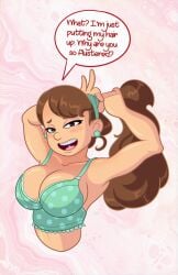 1girls big_breasts braces brown_eyes brown_hair cleavage gravity_falls human imminent_oral imminent_sex jumpdriiver light-skinned_female mabel_pines ponytail teasing tied_hair tongue_piercing tongue_stud tying_hair