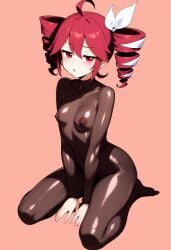 1girls ahoge ai_generated areolae areolae_visible_through_clothing blush bodysuit breasts female female_only hair_ornament hairbow horny horny_female kasane_teto kasane_teto_(sv) latex_bodysuit navel navel_visible_through_clothes nipples nipples_visible_through_clothing pink_background red_eyes red_hair simple_background small_breasts solo solo_female steam steaming_body synthesizer_v thick_thighs thighs tight_clothing tight_fit twin_drills utau wide_hips