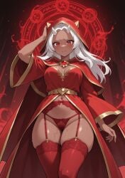 ai_generated blood_moon calamitas calamity_mod ejaculating_cum freckles freckles_on_face garter_belt garter_straps hiddenashes hood horns lace_panties magic magic_circle moon moonlight night_sky panties red_eyes robe stockings sweat terraria wet wet_panties white_hair white_horns