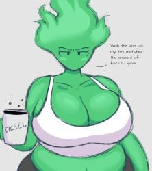 1girls 2025 2d_(artwork) bbw belly_button busty_female chubby_female clavicle cleavage coffee_mug dialogue elemental_humanoid f'lata_flare_(minusbrush) female_only gas green_fire huge_breasts minusbrush original original_character pants text white_background