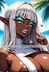 ai_generated bare_shoulders brown_body brown_skin cleavage cleavage_cutout collarbone dark_elf dark_skin dominant dominant_female elf elf_ears english english_language english_text eyelashes eyeshadow heart heavy_makeup hime_cut huge_areolae huge_breasts huge_nipples humiliating lipstick long_hair makeup massive_breasts mastarblastar mommy naughty_face original original_character queen seductive seductive_look seductive_smile selfie selfie_pose sexy slim_waist small_penis_humiliation smug smug_face suggestive suggestive_gesture tagme tan_body tan_skin text text_box thick_eyebrows white_dress white_hair white_lipstick yellow_eyes