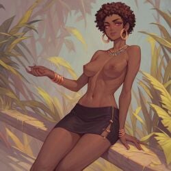 1girls african african_female afro ai ai_generated black_skirt breasts brown_hair dark-skinned_female dark_skin earrings female female_focus female_only from_front_position golden_armlet keyarra_(quinzo) looking_at_viewer nature nature_background necklace nipples original original_character pink_eyes quinzo11 self_upload skirt