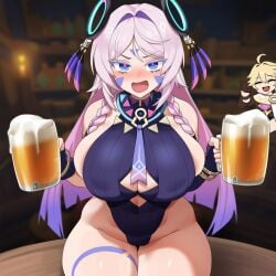 1girls aether_(genshin_impact) ai_generated alcohol bare_shoulders beer beer_mug blonde_hair blue_eyes blush braid breasts citlali_(genshin_impact) cup drunk foam genshin_impact happy heart heart-shaped_pupils holding holding_cup huge_breasts large_breasts long_hair mug multiple_girls open_mouth pubic_tattoo racerai sitting smile star-shaped_pupils symbol-shaped_pupils tattoo thick_thighs thighhighs twin_braids very_long_hair