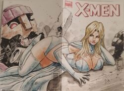 blonde_female blonde_hair blue_eyes breasts cape choker emma_frost female hellfire_club large_breasts marvel marvel_comics panties posing white_queen x-men