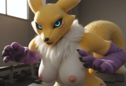 ai_generated anthro anthropomorphic beautiful big_breasts blue_eyes breasts chasing digimon digimon_(species) female fluffy_tail fox fox_girl fur furry furry_only gym gym_setting hunting in_heat looking_at_viewer renamon renamon_(digimon) seductive seductive_look seductive_smile sexy sexy_body sexy_pose ying_yang_symbol