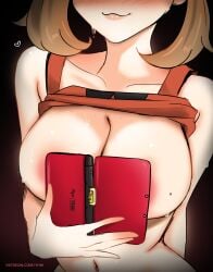 1girls 3ds :3 belly_button big_breasts book_covering_breasts brown_hair clothes clothes_lift covering_breasts faceless_female flashing flashing_breasts game_freak haruka_(pokemon) hiding_breasts lips may_(pokemon) meme meme_reference myst nintendo nude nude_female ouch_meme pokemon pokemon_oras pokemon_rse pokemon_trainer presenting presenting_breasts smug smug_face soft_breasts suggestive sweat sweatdrop trend yhw