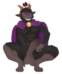 anthro balls black_body bovid caprine clothing collar cult_of_the_lamb fur genitals goat goat_(cult_of_the_lamb) hi_res horn humanoid male mammal massive_monster_(studio) nipples nude penis purple_crown_(cult_of_the_lamb) sheep simple_background solo yaiski